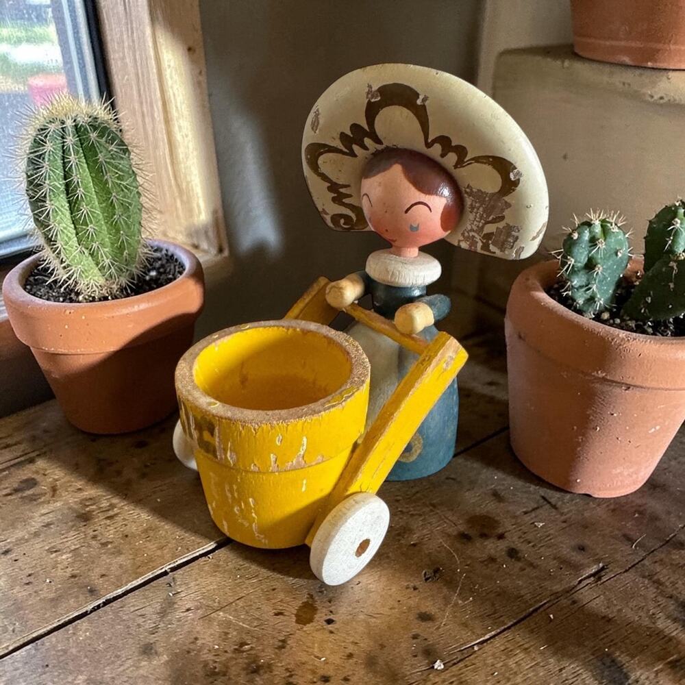 Vintage Wooden Figurine with Yellow Cart | Folk Art Style | Mid Century Nursery